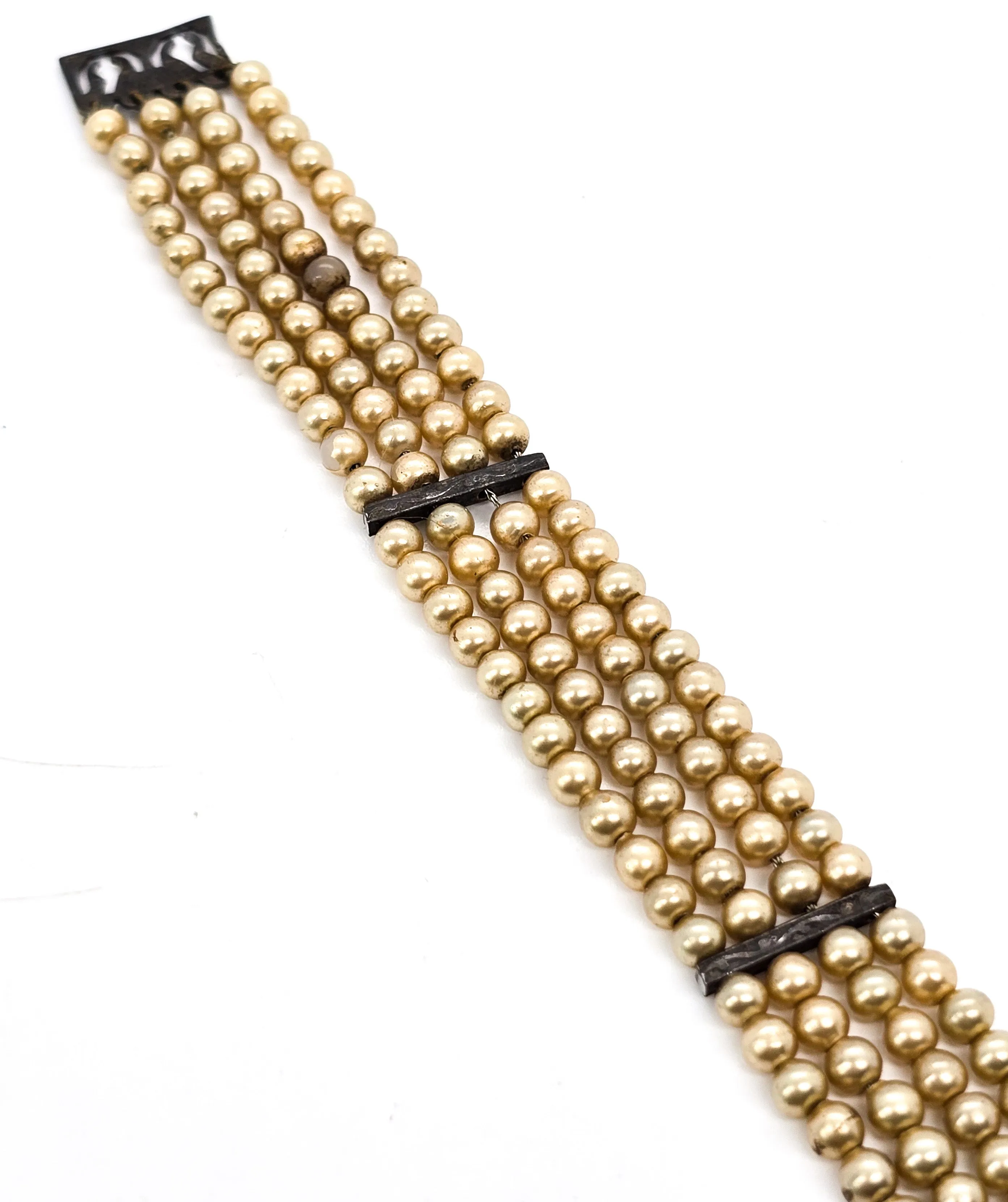 Art Deco faux pearl antique sterling silver 4 strand snap clasp bracelet