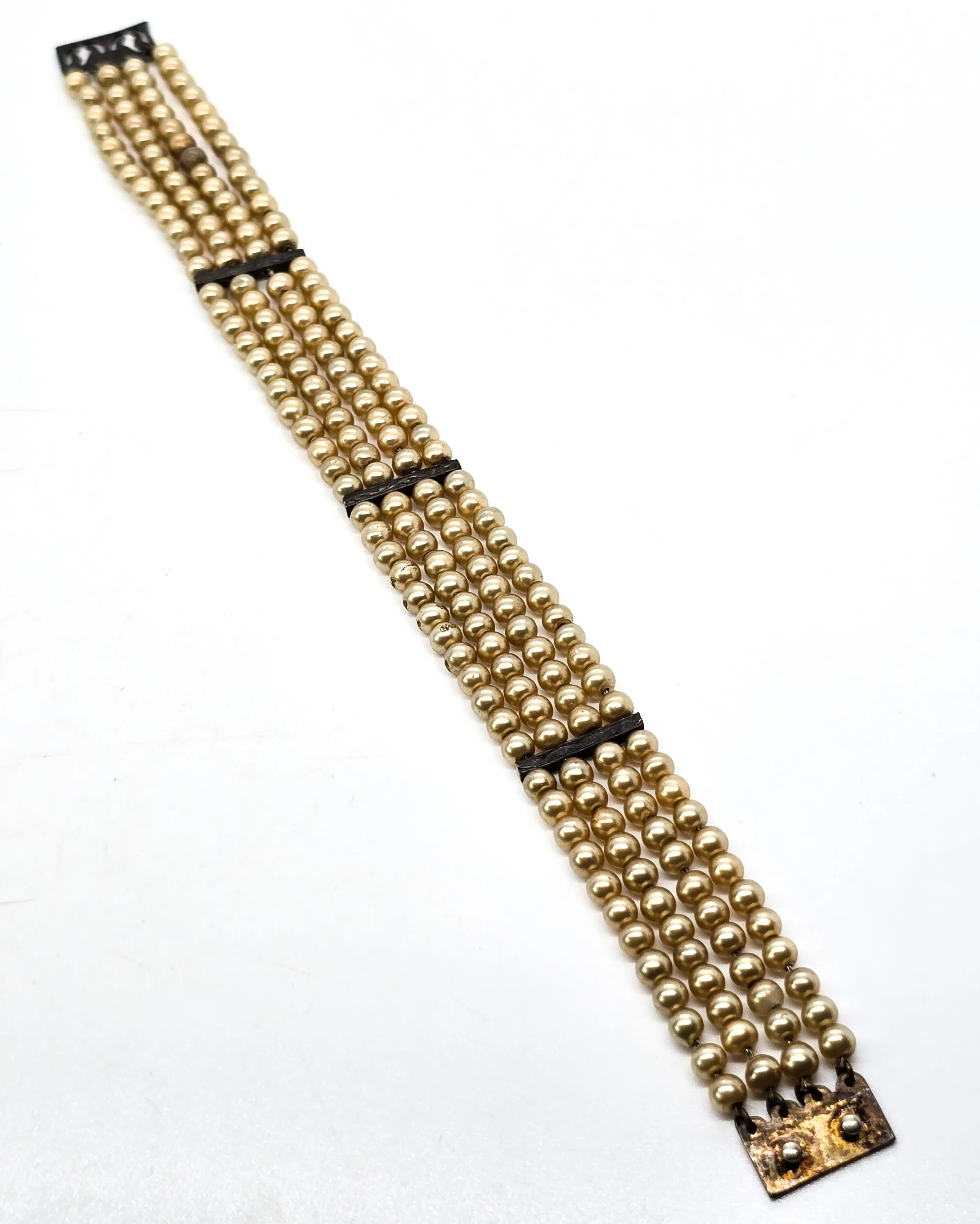 Art Deco faux pearl antique sterling silver 4 strand snap clasp bracelet