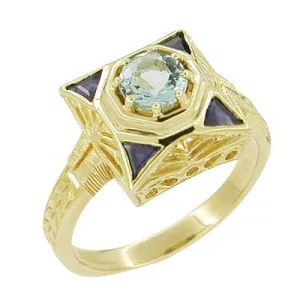 Art Deco Filigree Sapphire and Blue Topaz Ring in 14 Karat Yellow Gold