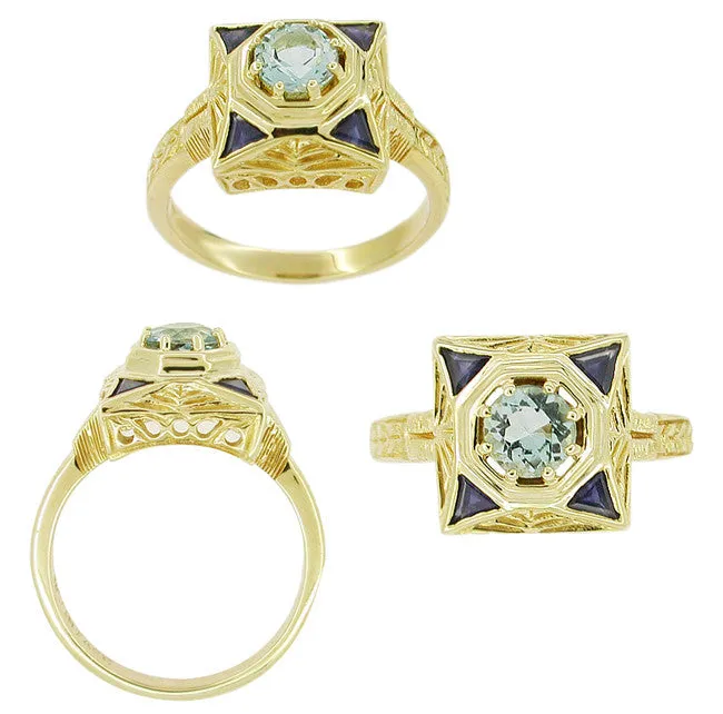 Art Deco Filigree Sapphire and Blue Topaz Ring in 14 Karat Yellow Gold