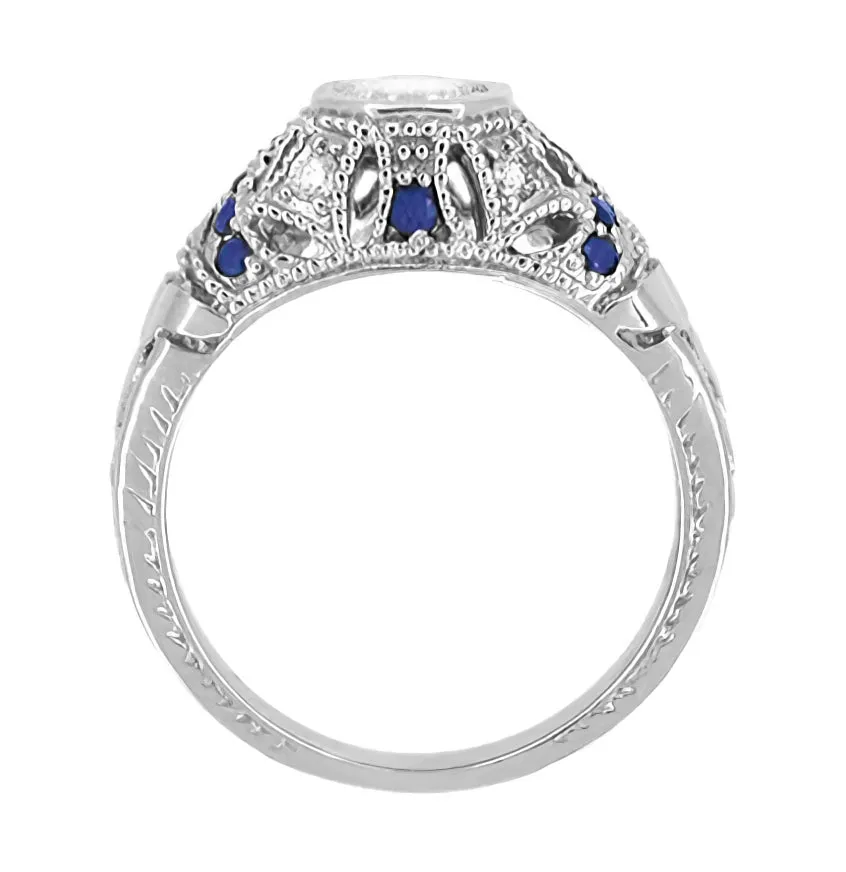 Art Deco Filigree Vintage Inspired Diamond Engagement Ring with Side Sapphires in 14 Karat White Gold