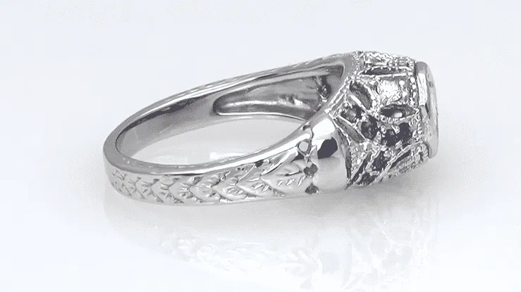 Art Deco Filigree Vintage Inspired Diamond Engagement Ring with Side Sapphires in 14 Karat White Gold