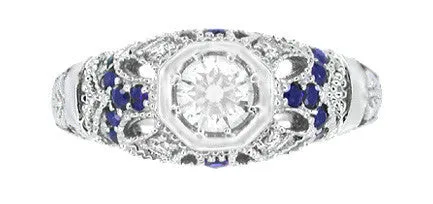 Art Deco Filigree Vintage Inspired Diamond Engagement Ring with Side Sapphires in 14 Karat White Gold