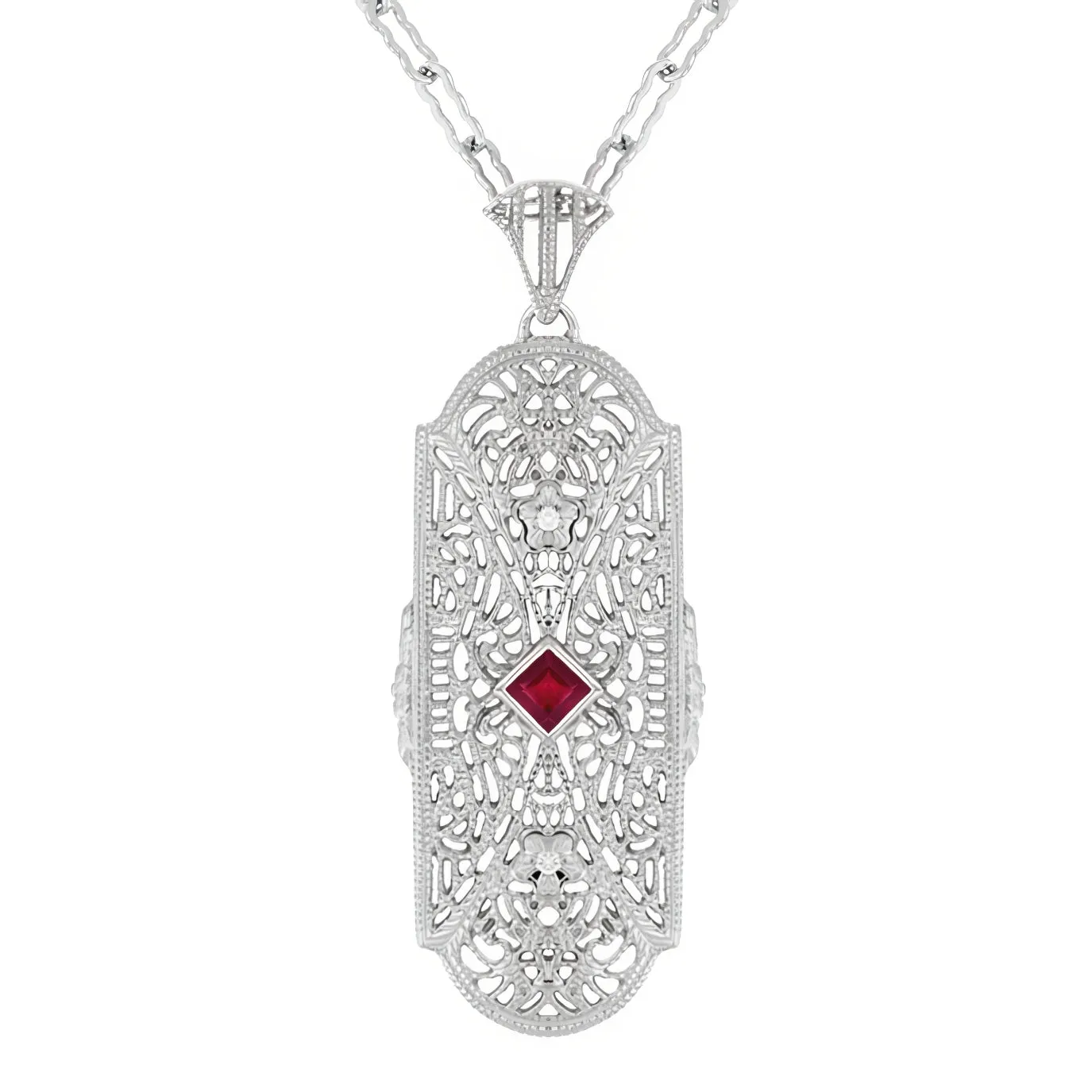 Art Deco Flowers Filigree Square Ruby Pendant Necklace in Sterling Silver with Diamonds