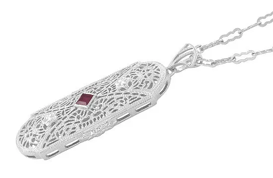 Art Deco Flowers Filigree Square Ruby Pendant Necklace in Sterling Silver with Diamonds