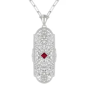 Art Deco Flowers Filigree Square Ruby Pendant Necklace in Sterling Silver with Diamonds