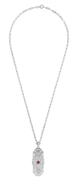 Art Deco Flowers Filigree Square Ruby Pendant Necklace in Sterling Silver with Diamonds
