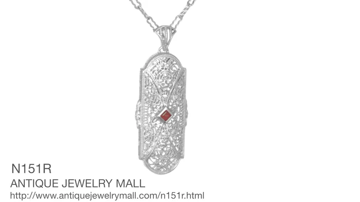 Art Deco Flowers Filigree Square Ruby Pendant Necklace in Sterling Silver with Diamonds