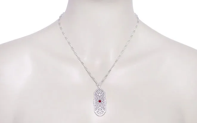 Art Deco Flowers Filigree Square Ruby Pendant Necklace in Sterling Silver with Diamonds