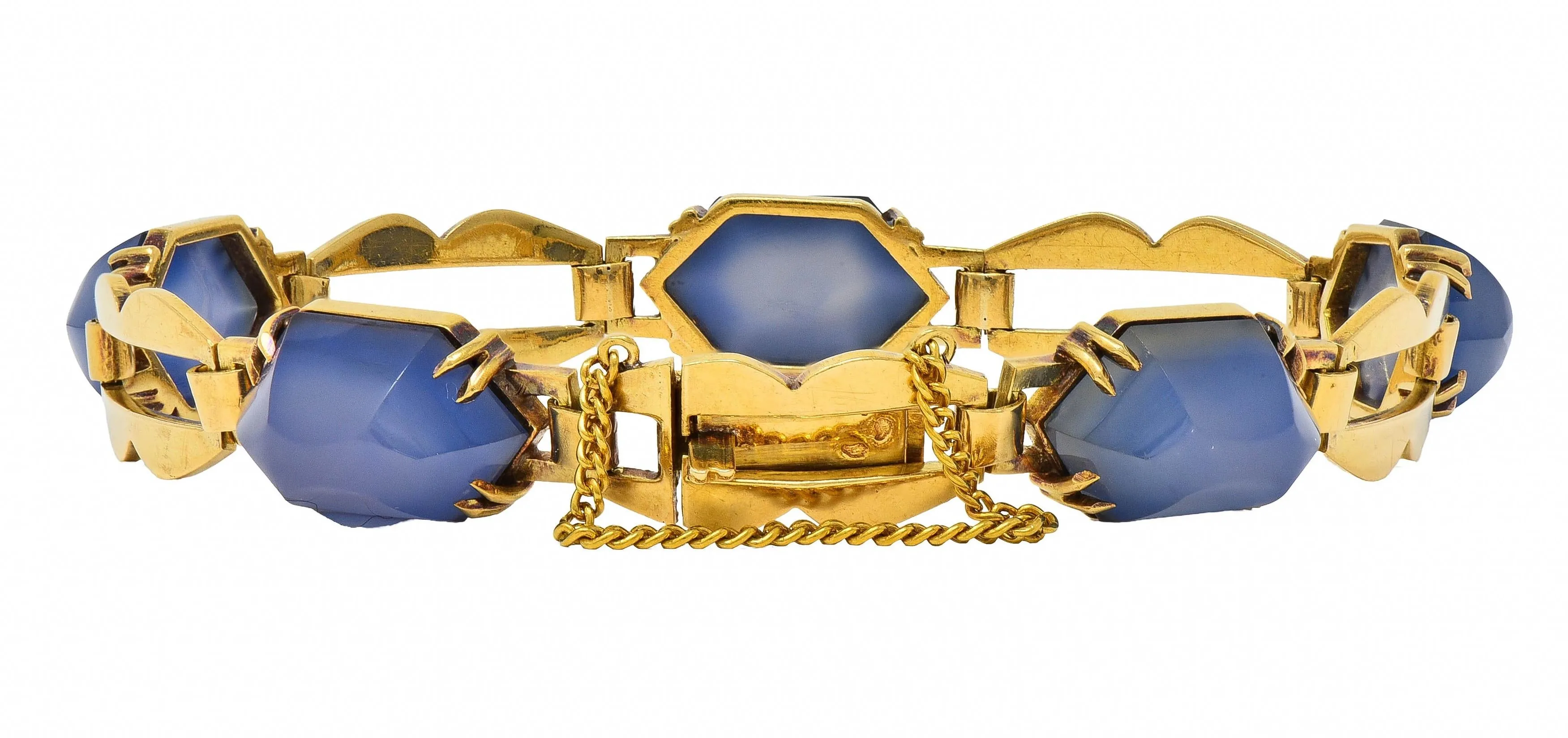 Art Deco French Blue Chalcedony 18 Karat Yellow Gold Antique Link Bracelet