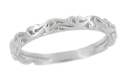 Art Deco Grooved Antique Scrolls Wedding Band in Sterling Silver
