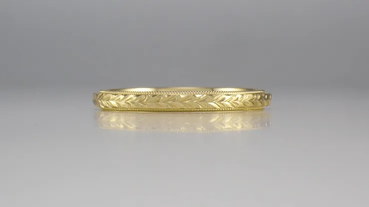 Art Deco Hand Engraved Wheat Yellow Gold Vintage Style Domed Wedding Band with Milgrain - 2.5mm Wide - 14K or 18K