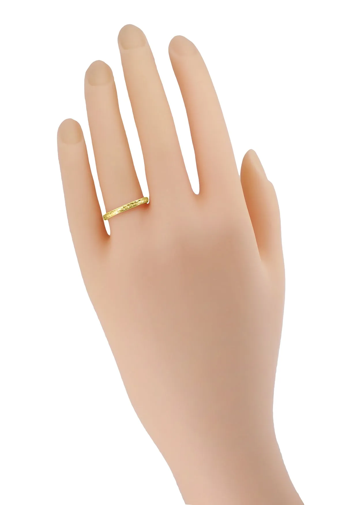 Art Deco Hand Engraved Wheat Yellow Gold Vintage Style Domed Wedding Band with Milgrain - 2.5mm Wide - 14K or 18K