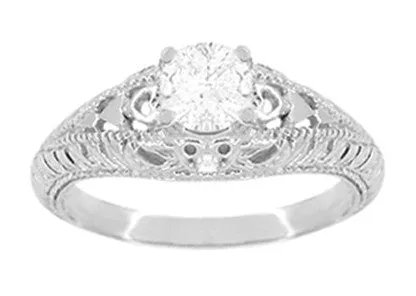 Art Deco Hearts and Diamonds Filigree Engagement Ring in 14 Karat White Gold