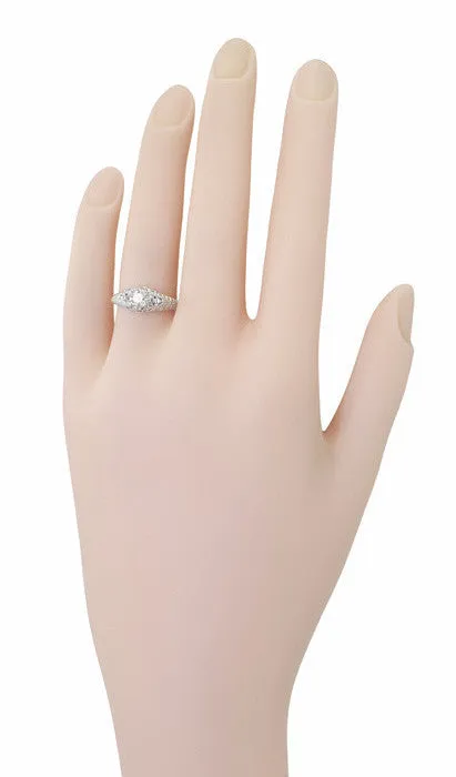 Art Deco Hearts and Diamonds Filigree Engagement Ring in 14 Karat White Gold