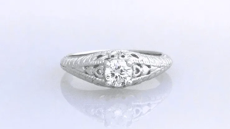 Art Deco Hearts and Diamonds Filigree Engagement Ring in 14 Karat White Gold