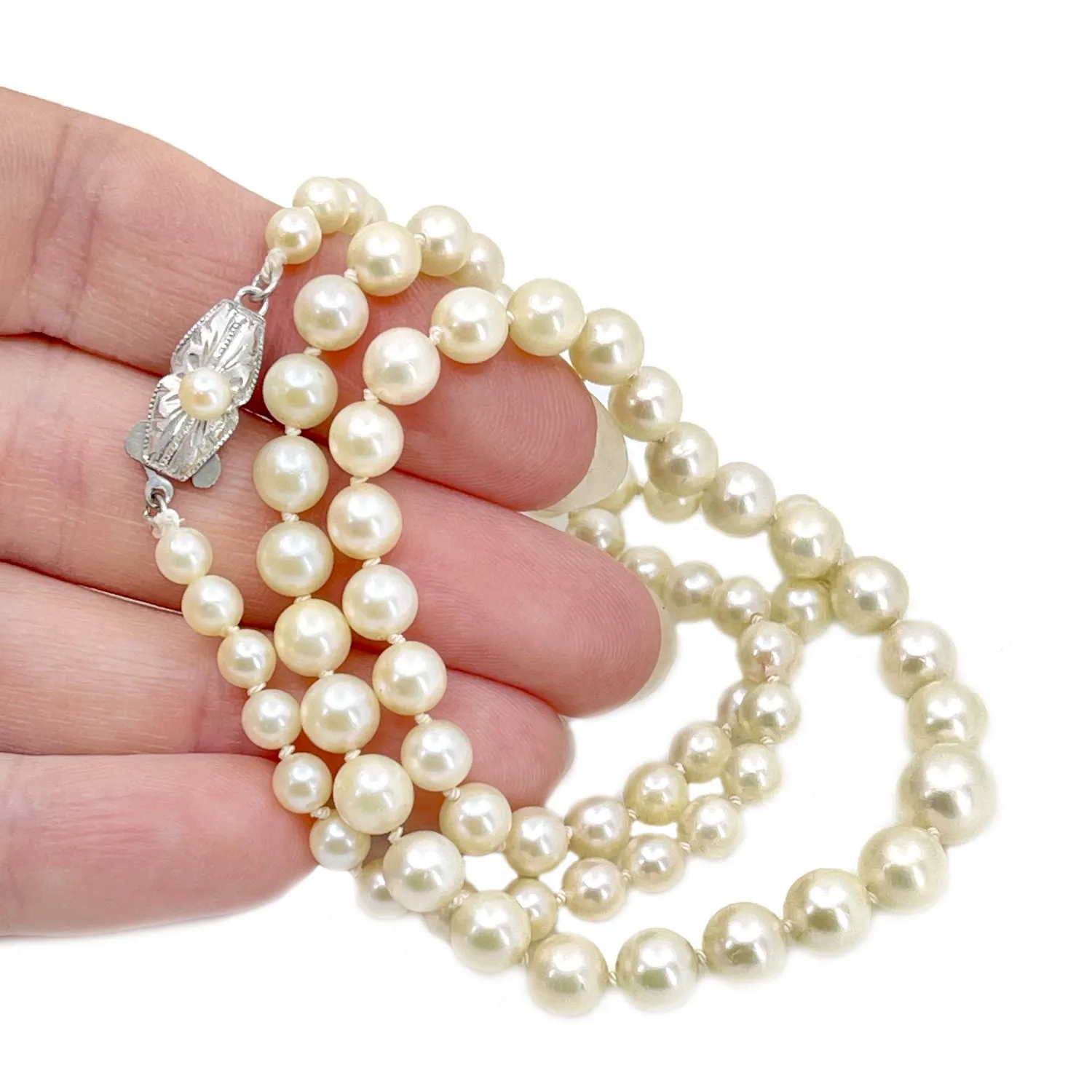 Art Deco Industrial Japanese Saltwater Cultured Akoya Pearl Graduated Vintage Necklace - Sterling Silver 20 Inch