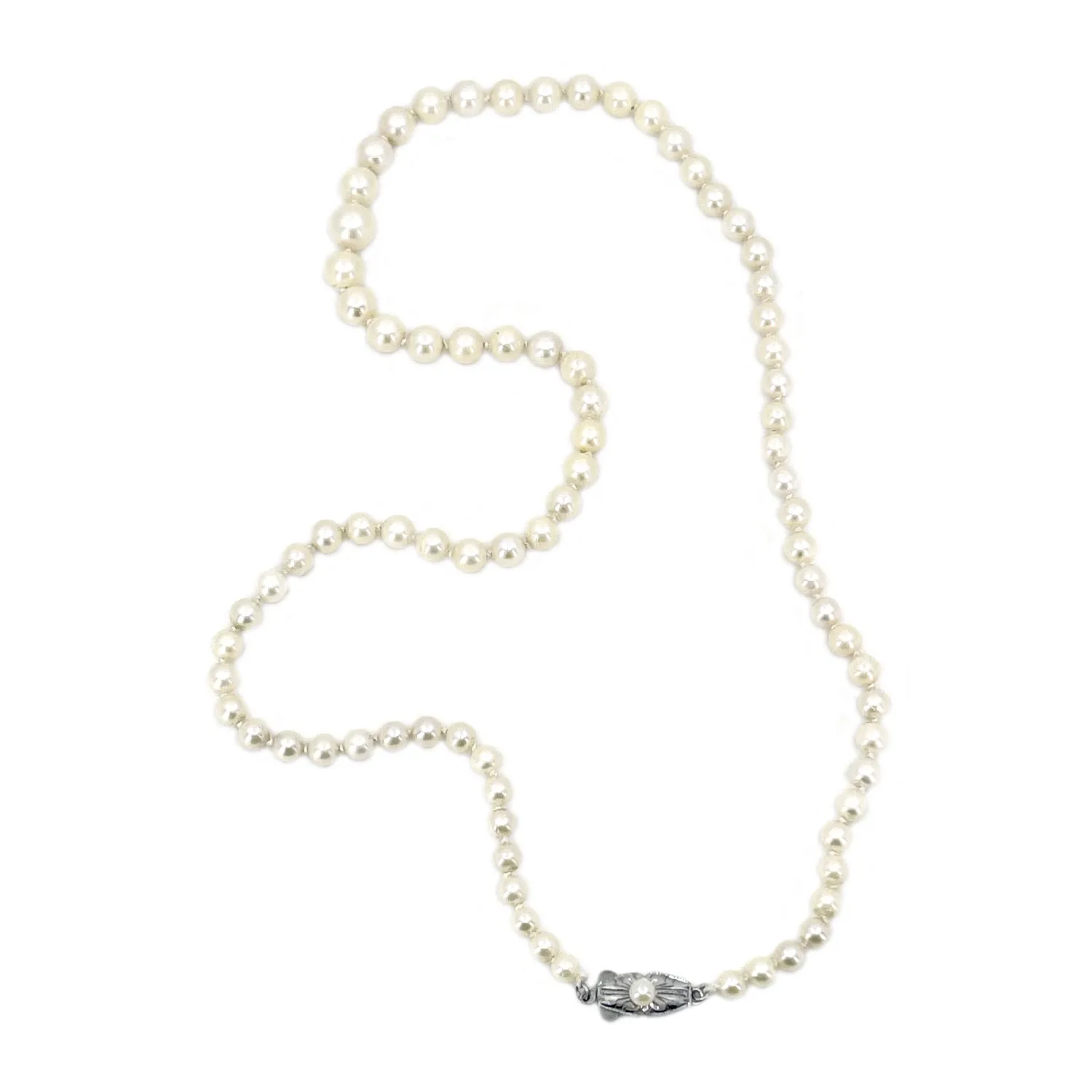 Art Deco Industrial Japanese Saltwater Cultured Akoya Pearl Graduated Vintage Necklace - Sterling Silver 20 Inch