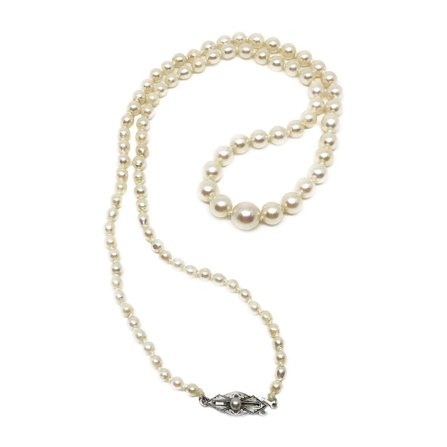 Art Deco Japanese Saltwater Cultured Akoya Pearl Graduated Necklace - Sterling Silver 20.50 Inch