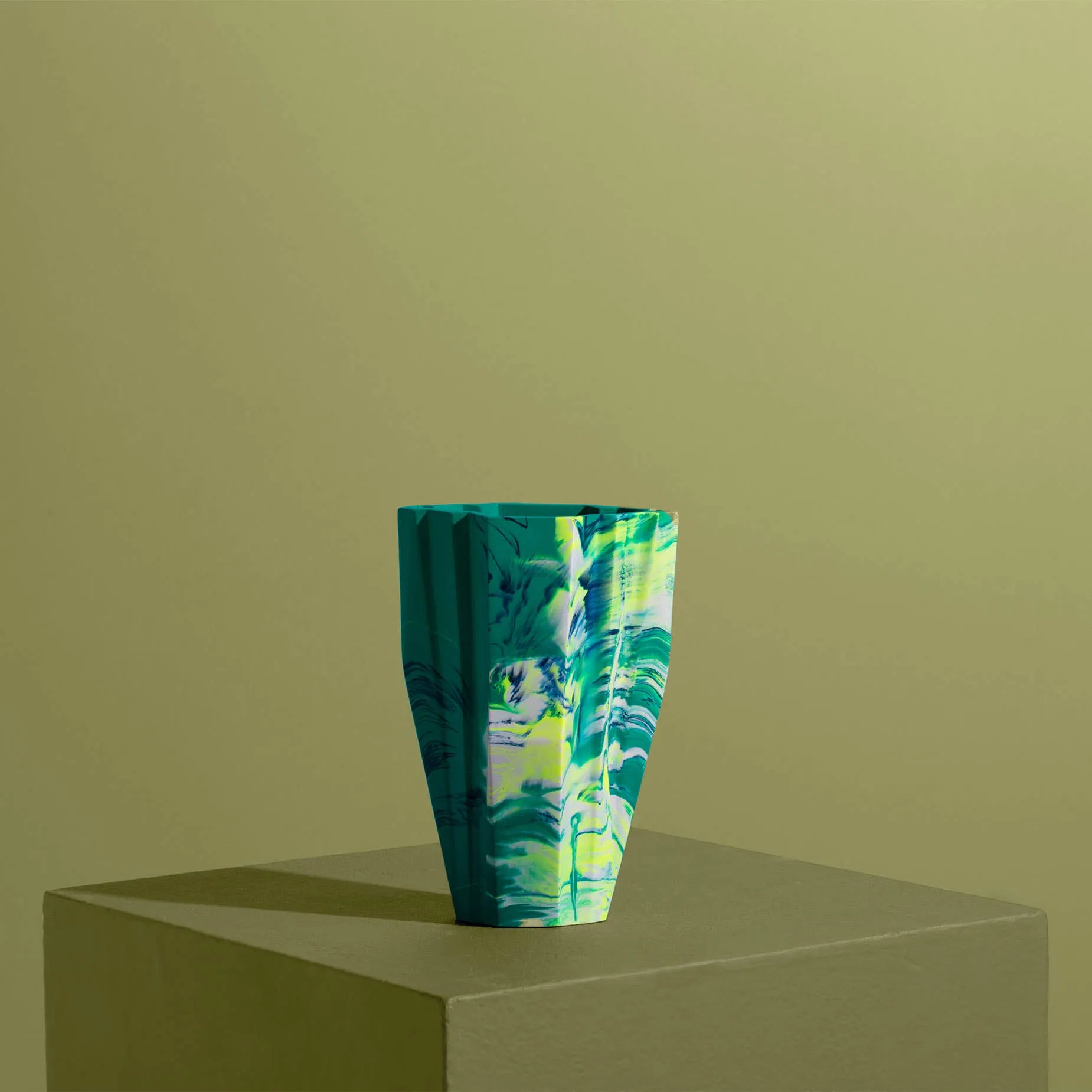 Art Deco Jesmonite Vase, Marbled in Emerald & Yellow