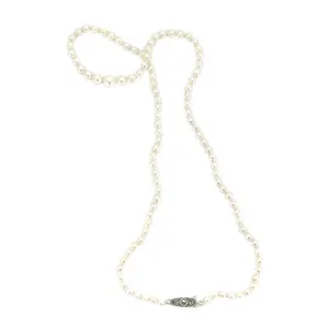 Art Deco Marcasite Japanese Saltwater Cultured Akoya Pearl Graduated Necklace - 835 Coin Silver 20.75 Inch