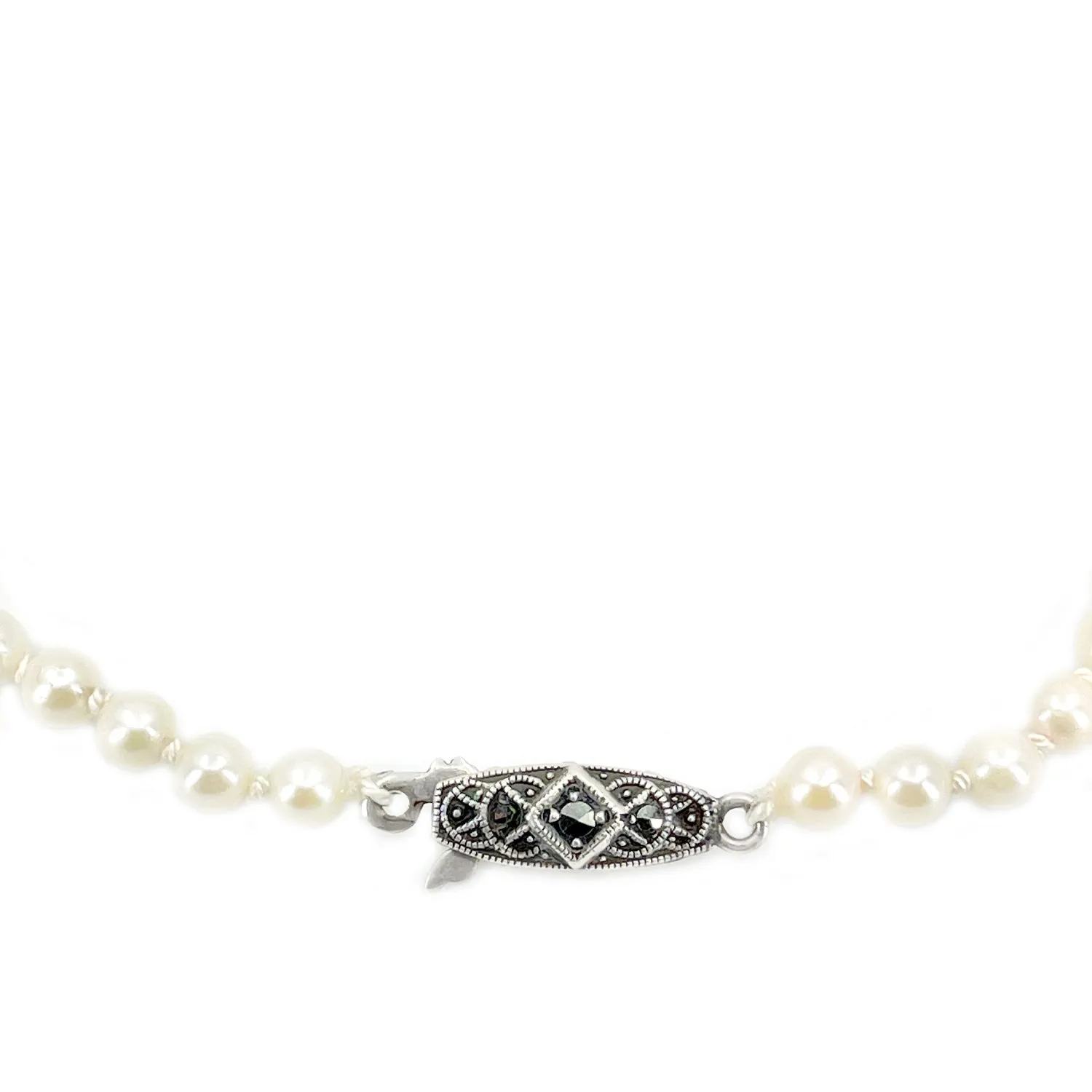 Art Deco Marcasite Japanese Saltwater Cultured Akoya Pearl Graduated Necklace - 835 Coin Silver 20.75 Inch
