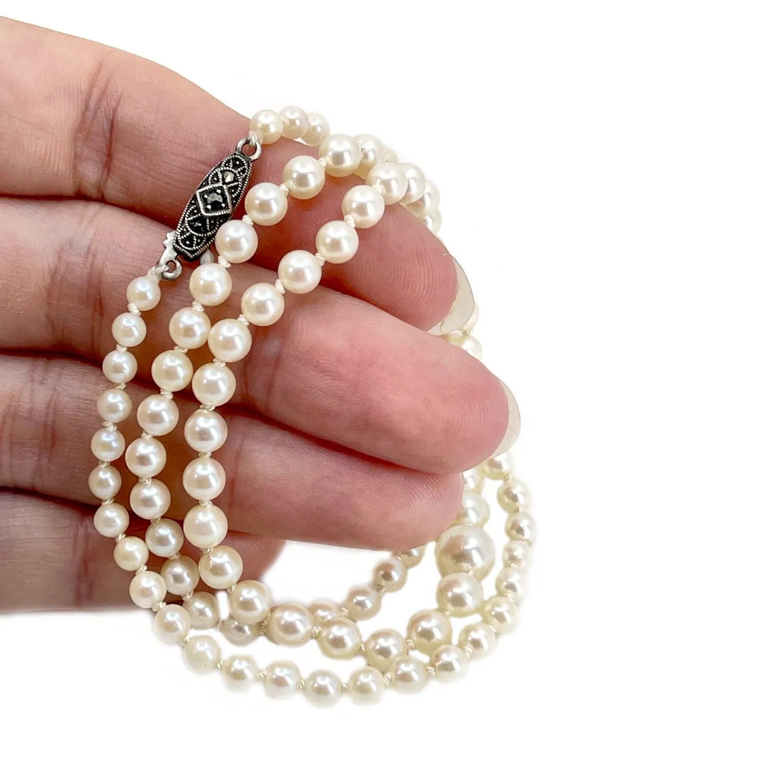 Art Deco Marcasite Japanese Saltwater Cultured Akoya Pearl Graduated Necklace - 835 Coin Silver 20.75 Inch