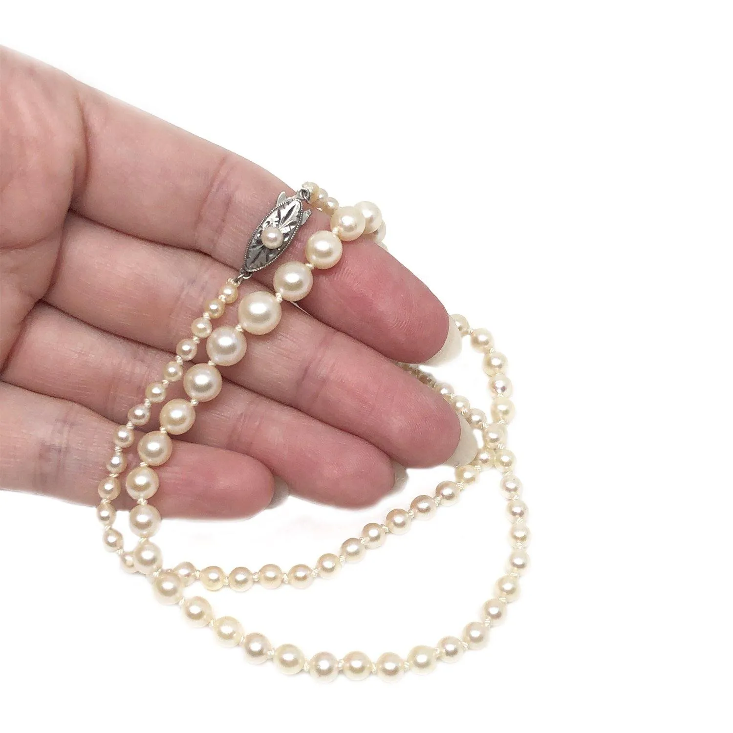 Art Deco Milgrain Japanese Saltwater Cultured Akoya Pearl Graduated Necklace - Sterling Silver 18 Inch