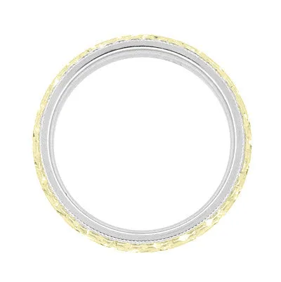 Art Deco Mixed Metals Millgrain Edge Hand Engraved Wheat Wedding Ring in 14 Karat Two Tone White and Yellow Gold - 4mm Wide