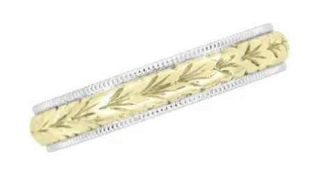 Art Deco Mixed Metals Millgrain Edge Hand Engraved Wheat Wedding Ring in 14 Karat Two Tone White and Yellow Gold - 4mm Wide