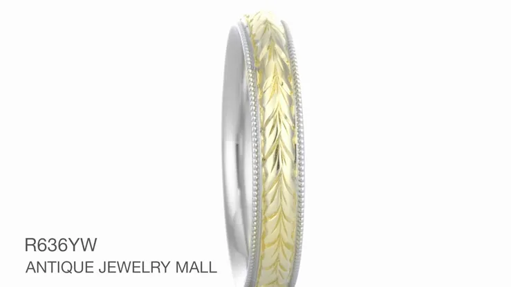 Art Deco Mixed Metals Millgrain Edge Hand Engraved Wheat Wedding Ring in 14 Karat Two Tone White and Yellow Gold - 4mm Wide