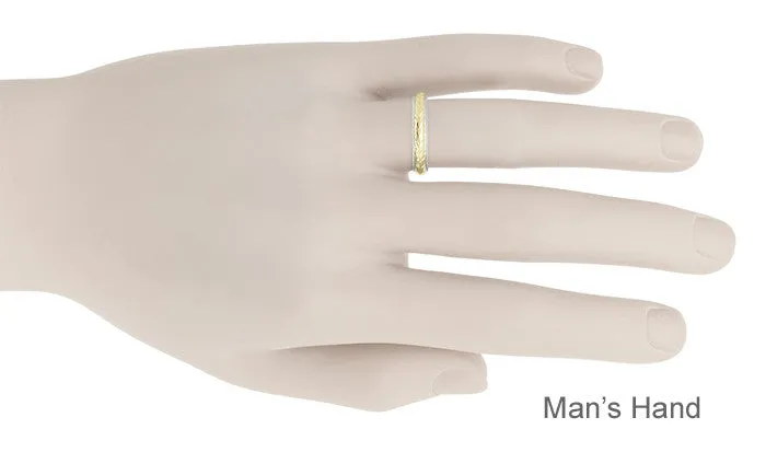 Art Deco Mixed Metals Millgrain Edge Hand Engraved Wheat Wedding Ring in 14 Karat Two Tone White and Yellow Gold - 4mm Wide