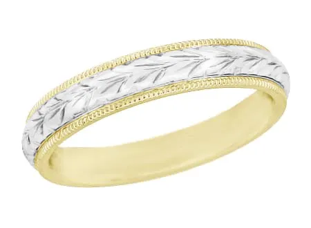 Art Deco Mixed Metals Millgrain Edge Hand Engraved Wheat Wedding Ring in 14 Karat Two Tone White and Yellow Gold - 4mm Wide