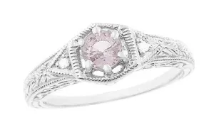 Art Deco Morganite and Diamond Filigree Engraved Engagement Ring in 14 Karat White Gold