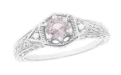 Art Deco Morganite and Diamond Filigree Engraved Engagement Ring in 14 Karat White Gold