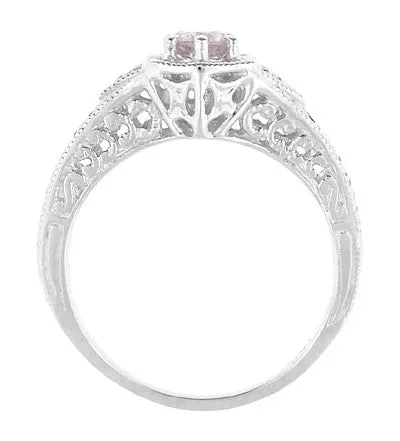 Art Deco Morganite and Diamond Filigree Engraved Engagement Ring in 14 Karat White Gold