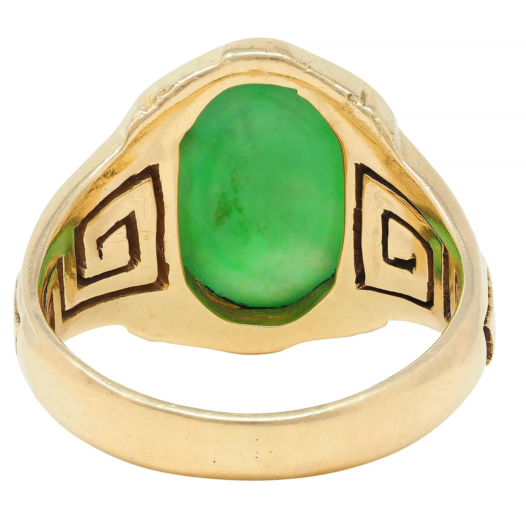 Art Deco Natural Jade 14 Karat Yellow Gold Greek Key Antique Signet Ring GIA