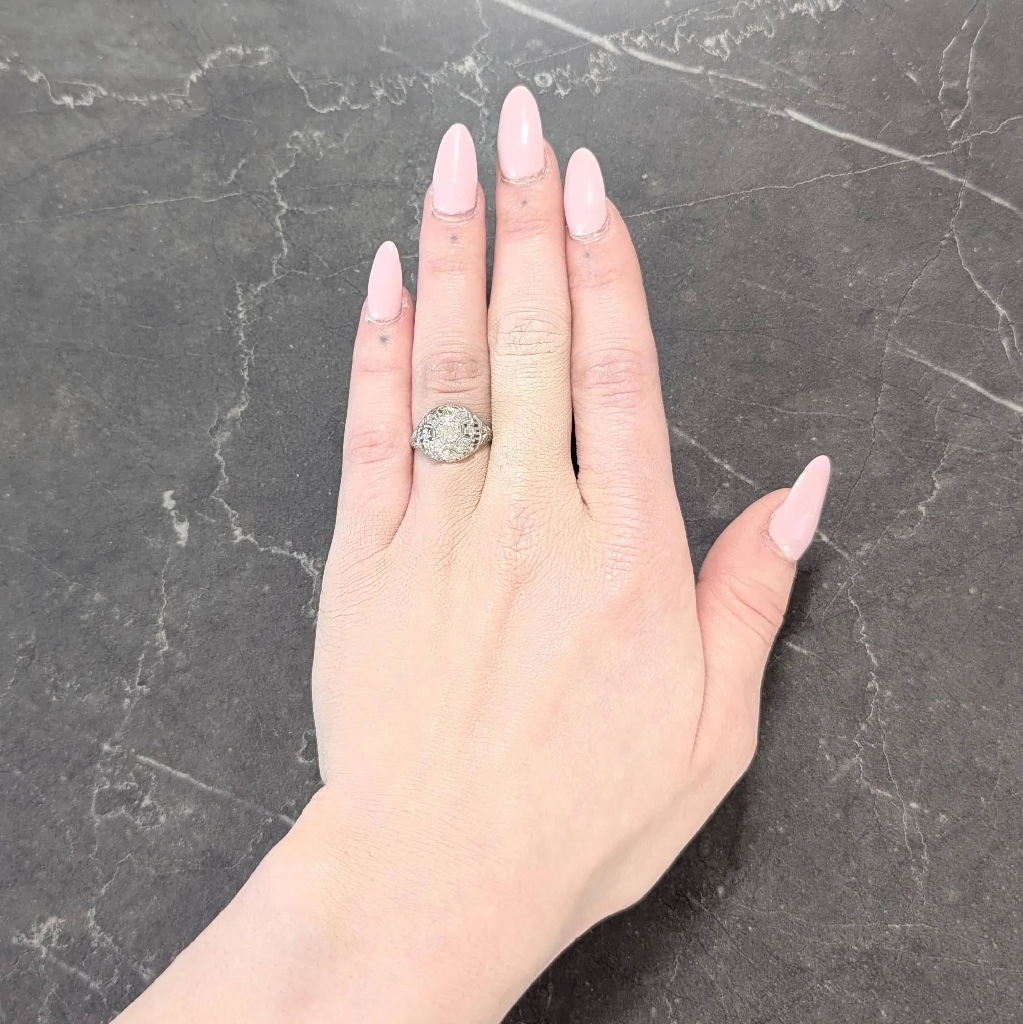 Art Deco Old European Diamond 18 Karat White Gold Vintage Orange Blossom Bombé Engagement Ring