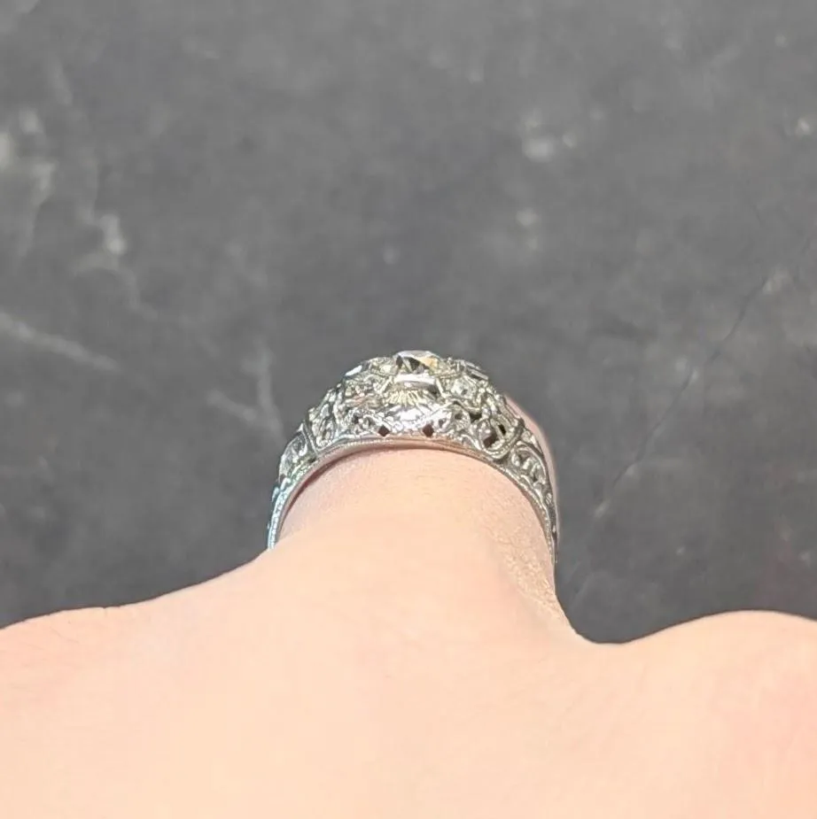 Art Deco Old European Diamond 18 Karat White Gold Vintage Orange Blossom Bombé Engagement Ring