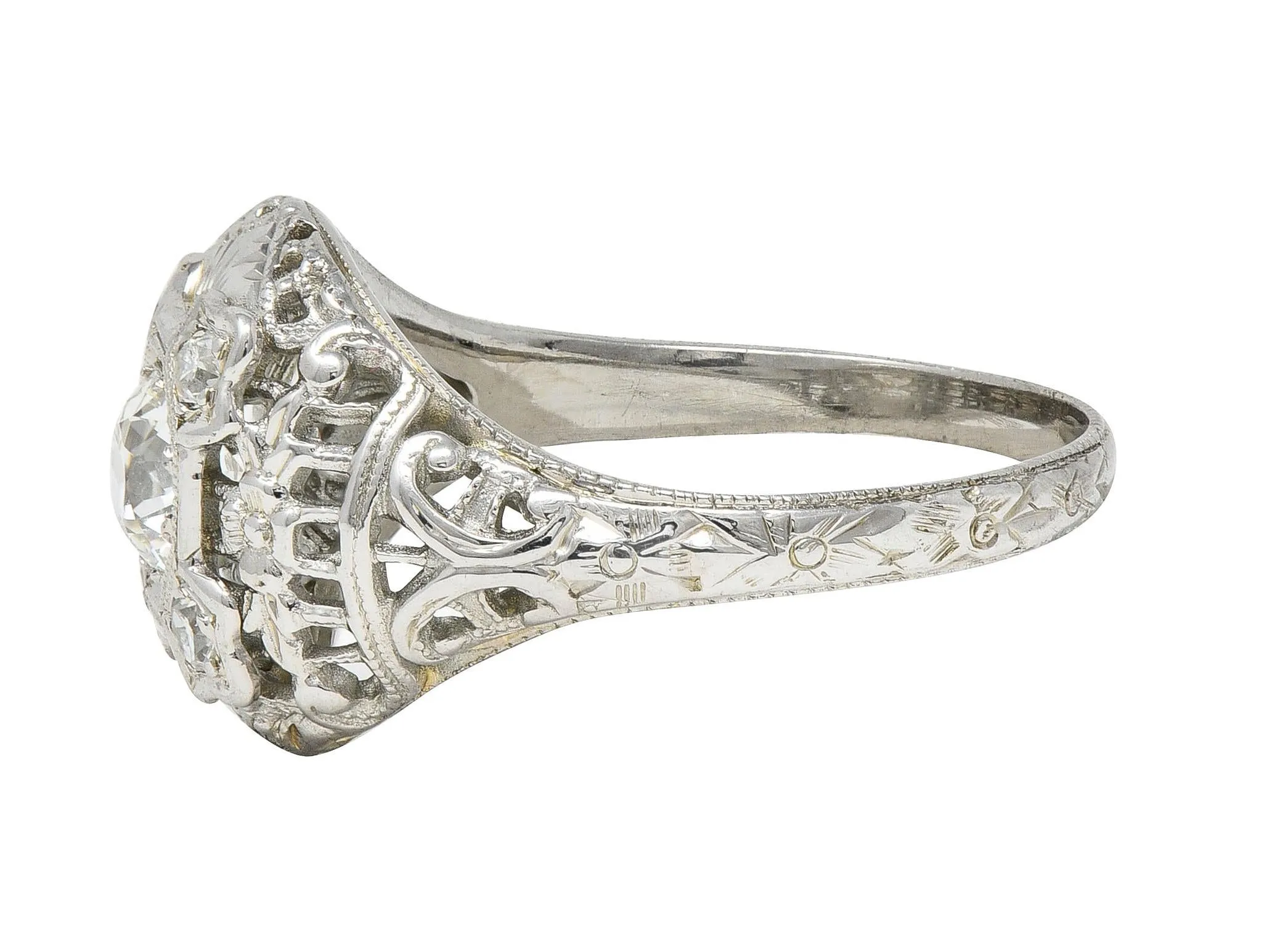 Art Deco Old European Diamond 18 Karat White Gold Vintage Orange Blossom Bombé Engagement Ring