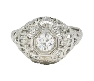 Art Deco Old European Diamond 18 Karat White Gold Vintage Orange Blossom Bombé Engagement Ring