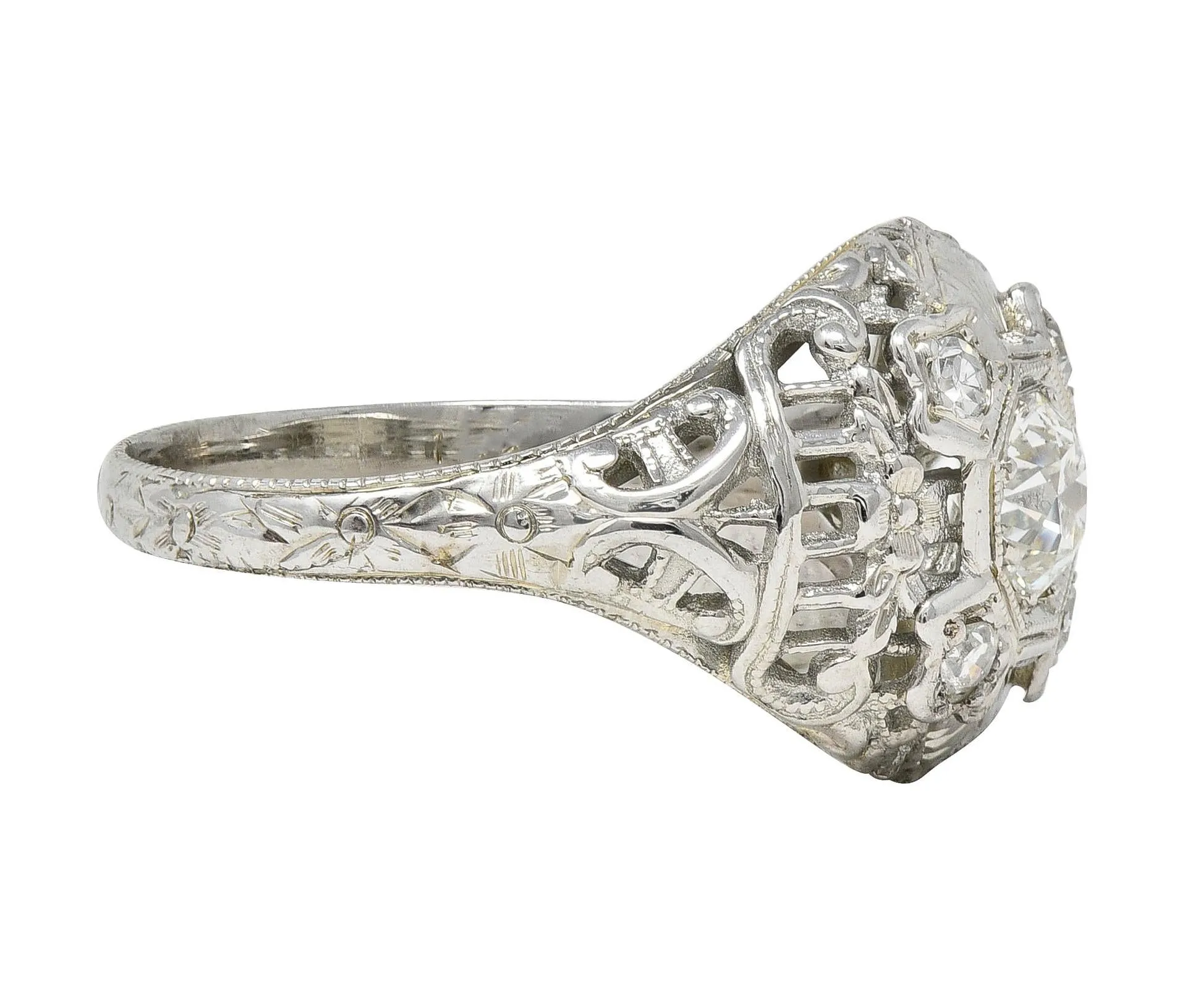 Art Deco Old European Diamond 18 Karat White Gold Vintage Orange Blossom Bombé Engagement Ring