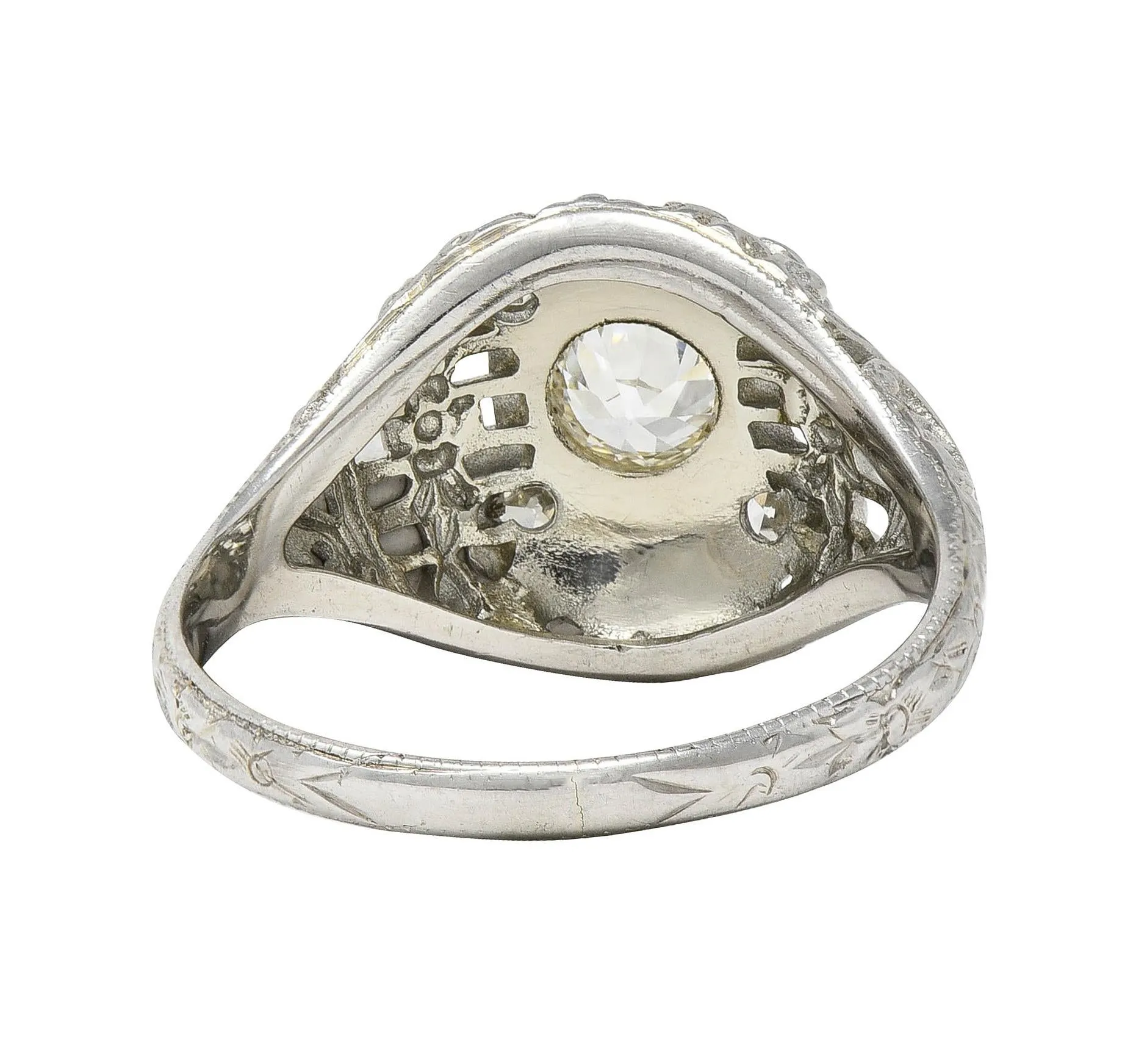 Art Deco Old European Diamond 18 Karat White Gold Vintage Orange Blossom Bombé Engagement Ring