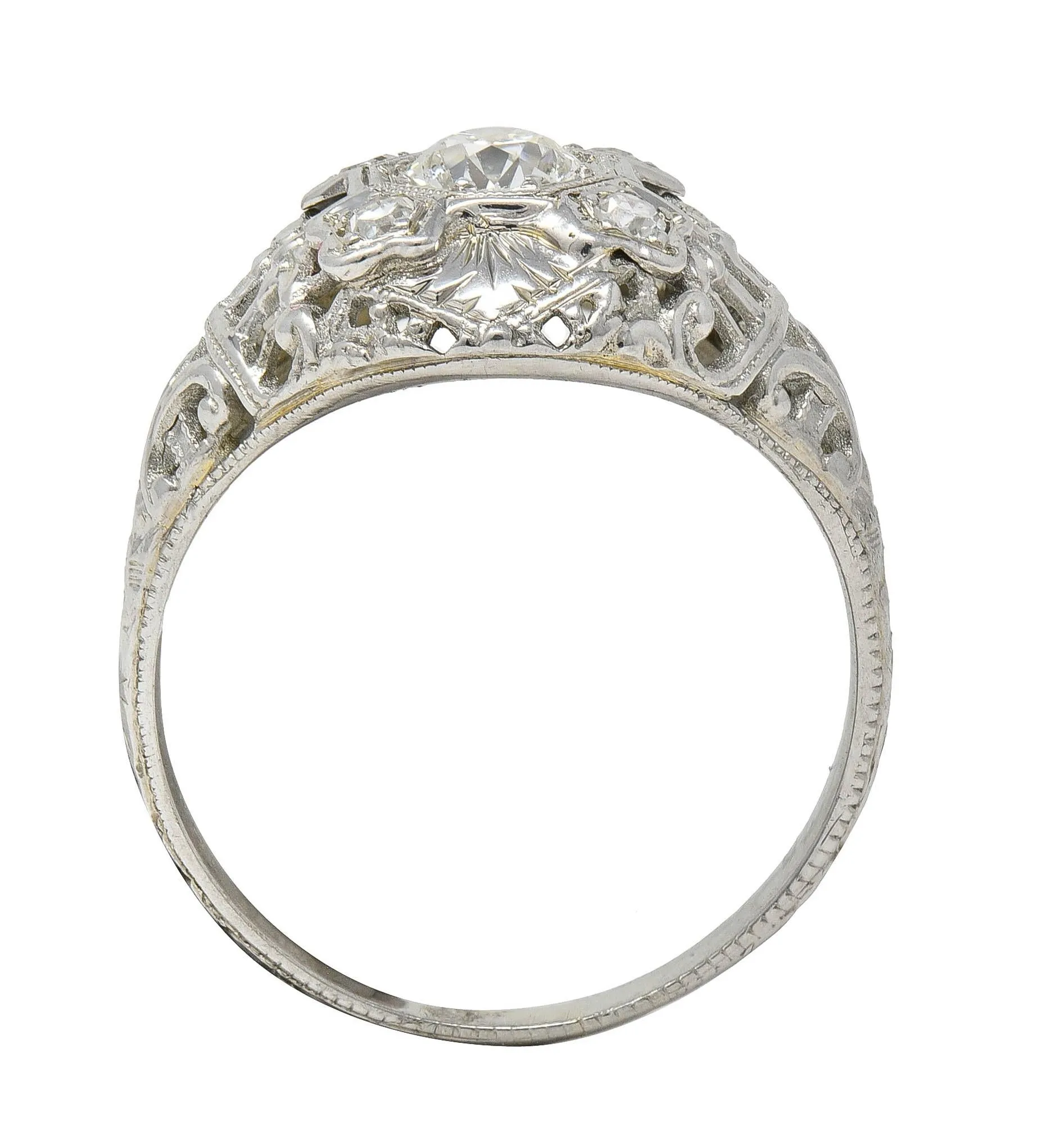 Art Deco Old European Diamond 18 Karat White Gold Vintage Orange Blossom Bombé Engagement Ring