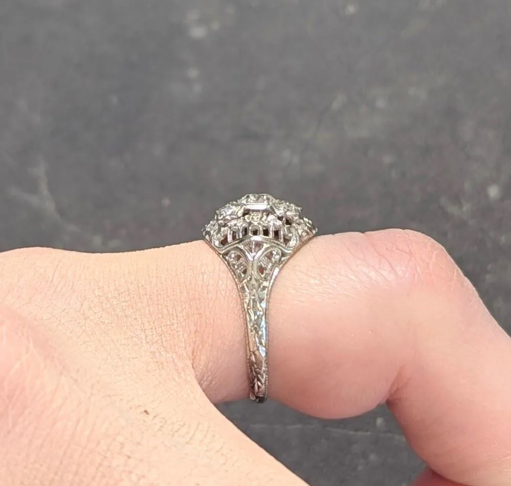 Art Deco Old European Diamond 18 Karat White Gold Vintage Orange Blossom Bombé Engagement Ring