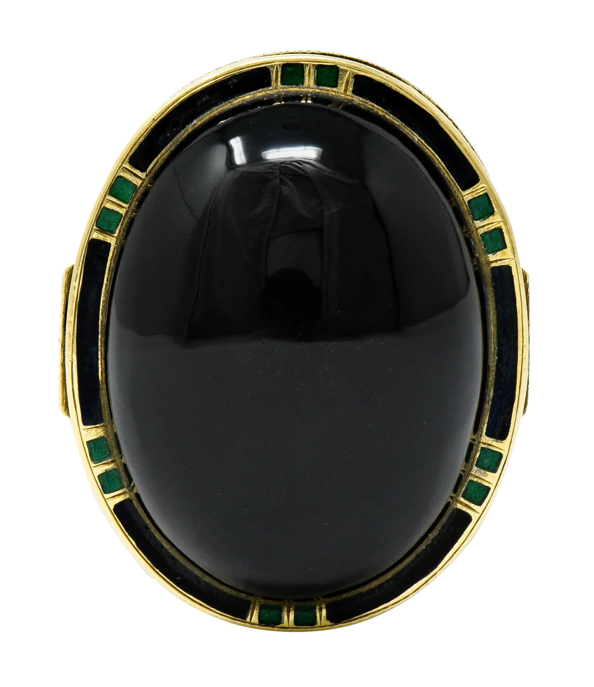 Art Deco Onyx Enamel 14 Karat Gold Cabochon Statement Ring