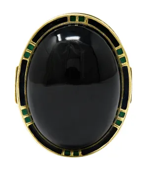 Art Deco Onyx Enamel 14 Karat Gold Cabochon Statement Ring
