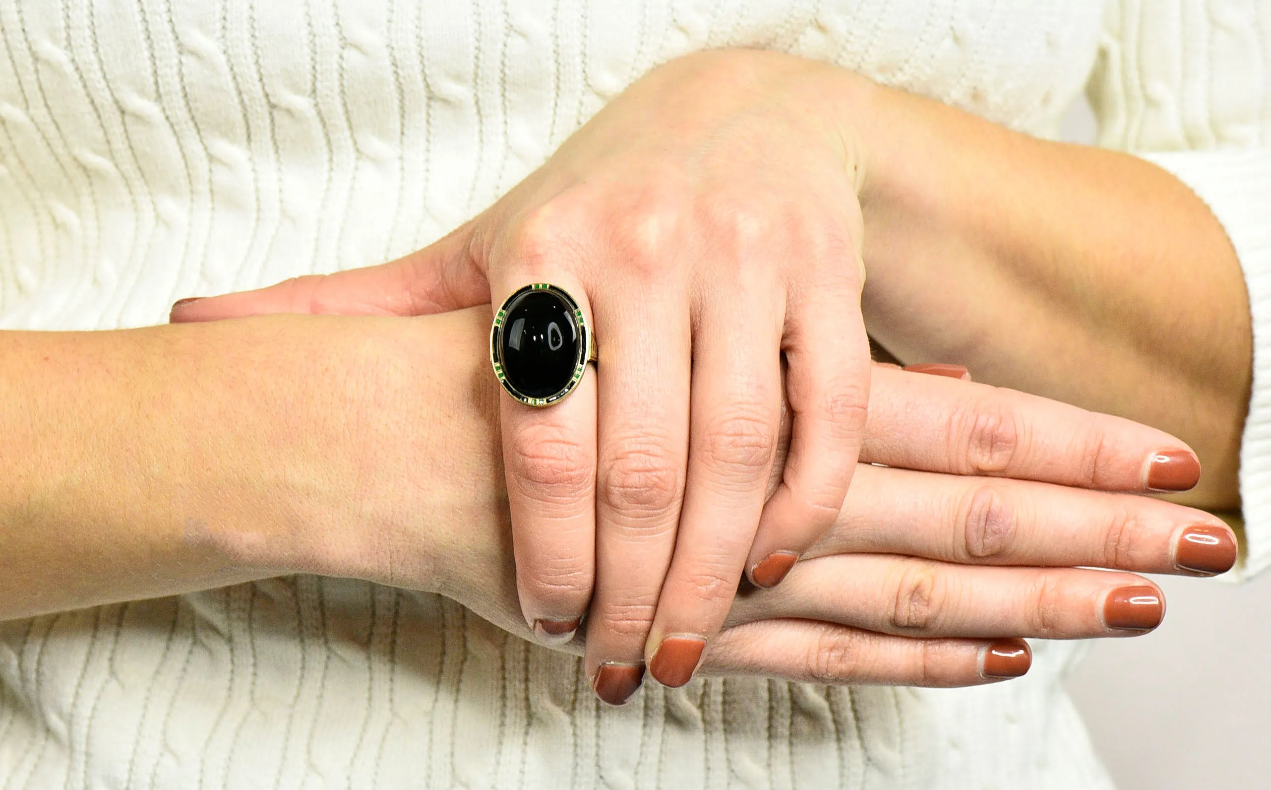 Art Deco Onyx Enamel 14 Karat Gold Cabochon Statement Ring