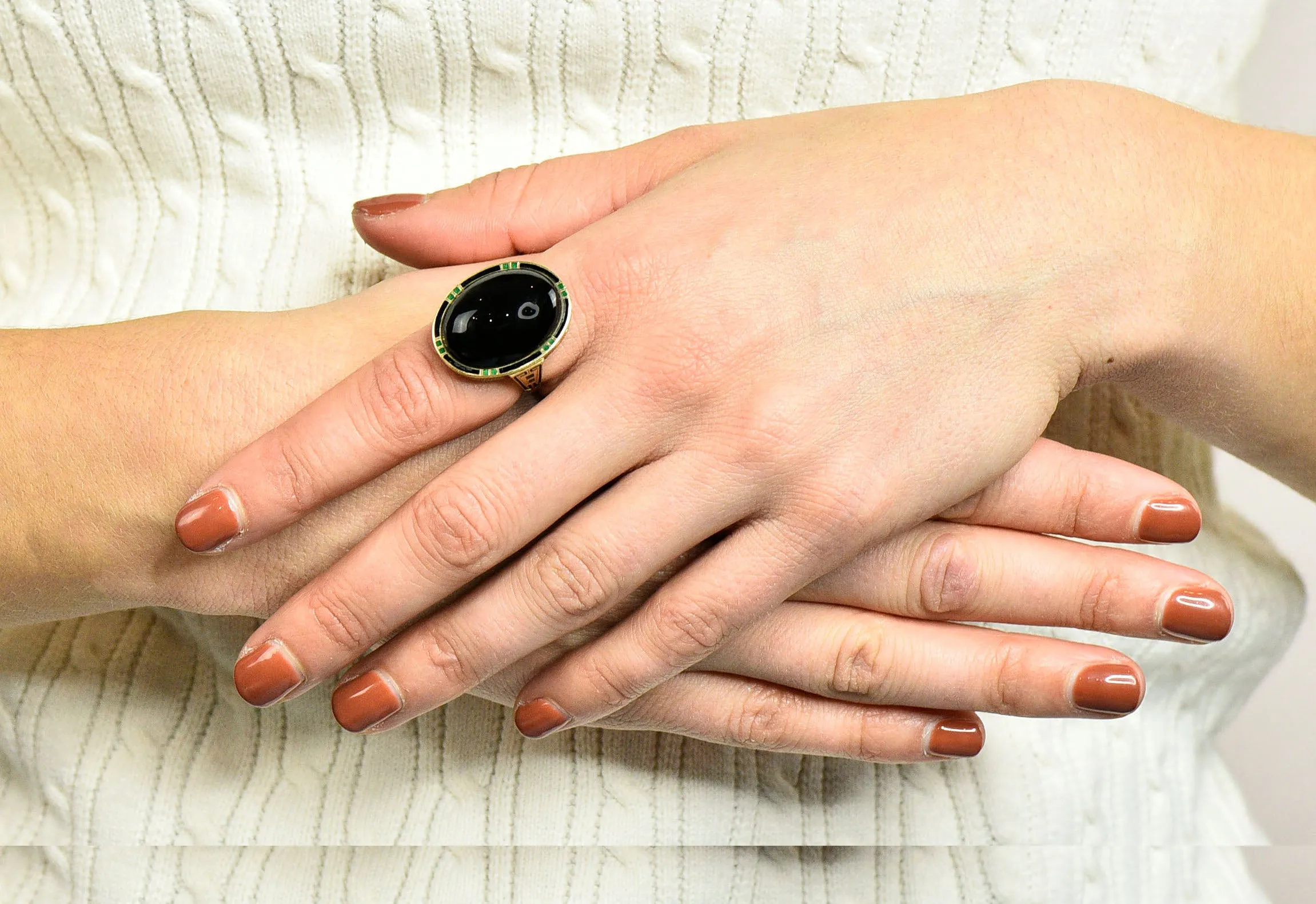 Art Deco Onyx Enamel 14 Karat Gold Cabochon Statement Ring