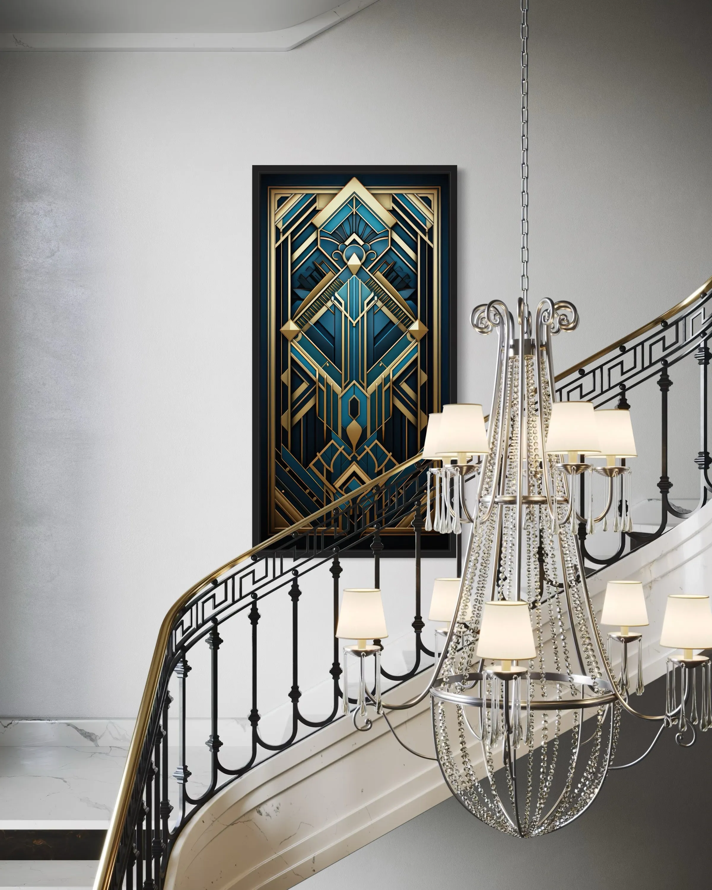 Art Deco Pattern Navy Blue Gold Long Vertical Canvas Wall Art